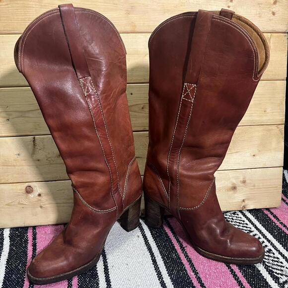 Vintage Made in Italy Genuine Leather Cognac Stacked Cowgirl Boots Womens 7.5 - Picture 3 of 8